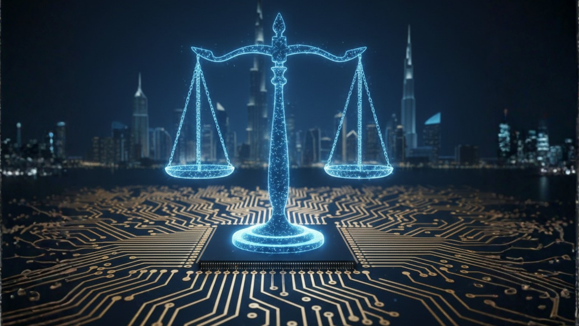 تصميم يرمز لتكامل الذكاء الاصطناعي مع ميزان العدالة في سياق القانون الإماراتي.