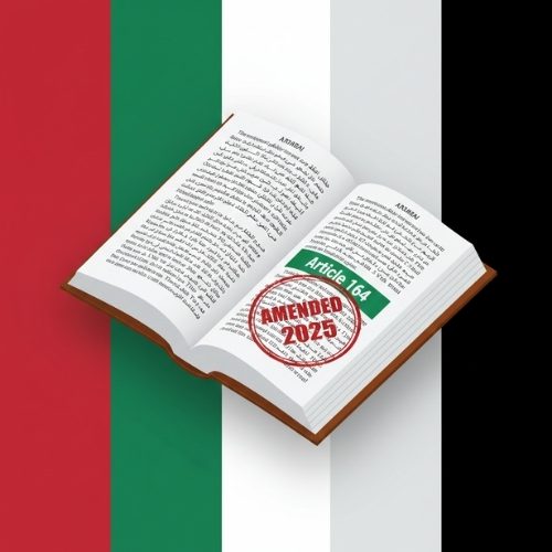 An open book symbolizing the UAE Civil Procedures Law, with Article 164 highlighted and stamped to show its 2025 amendment.