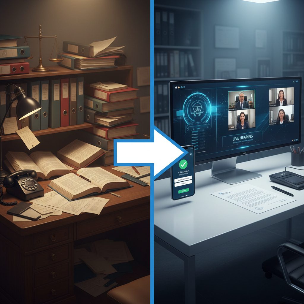 Comparison showing the shift from paper-based to fully digital court procedures in the UAE's 2026 justice reforms.