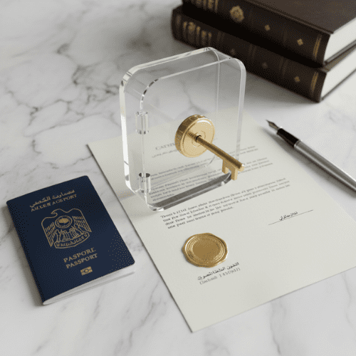 Symbolic image representing the reclaim process for dormant accounts in the UAE, showing identification documents and the key concept of unlocking funds.