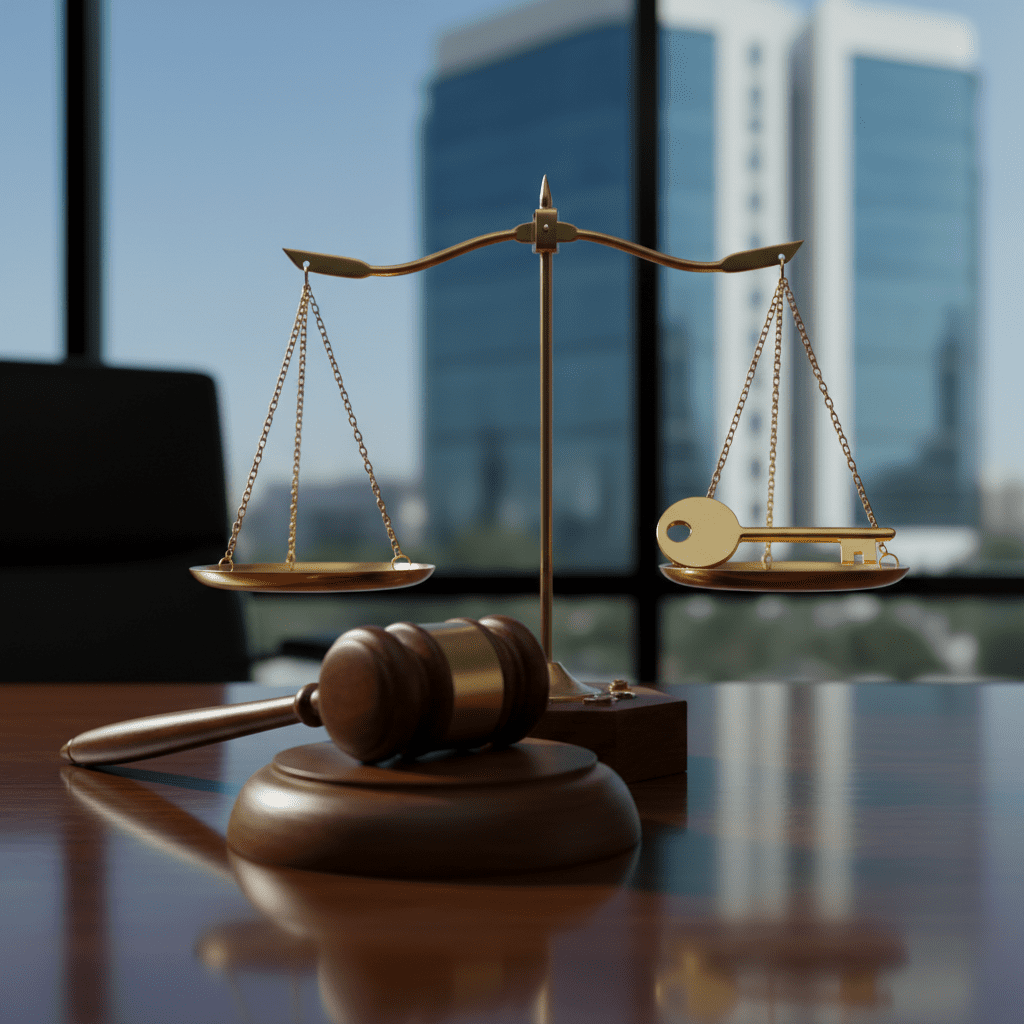 Symbol of Dubai judicial reform: a judge's gavel and a modern key balancing the scales of justice, representing the new rehearing mechanism under Decision No. (16) of 2025.