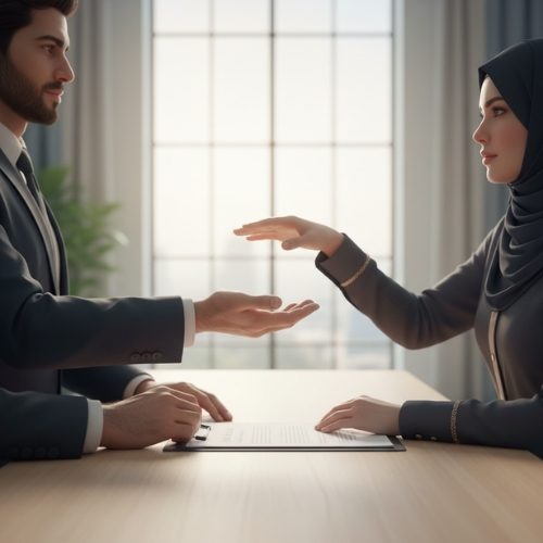 Professional arbitrators facilitating reconciliation between spouses in a UAE family court, as mandated by Personal Status Law.