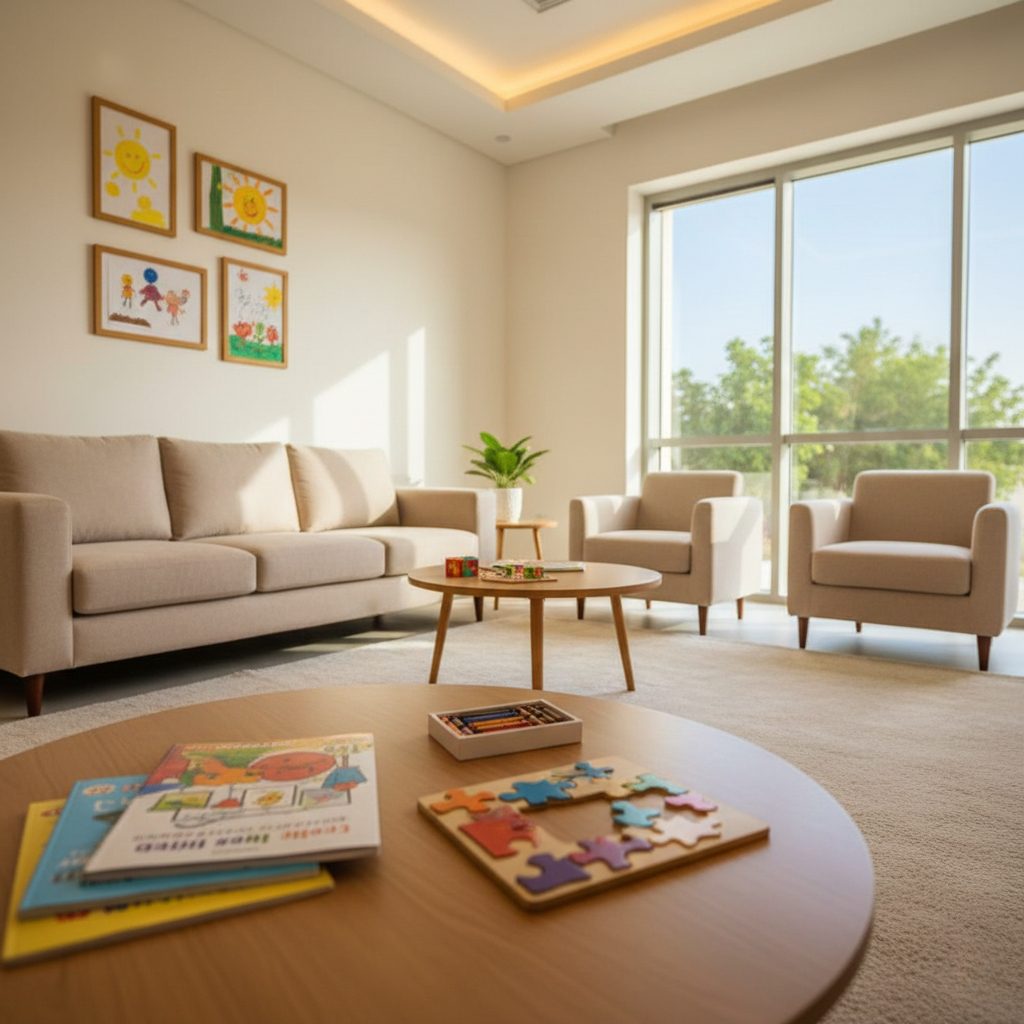 A modern, safe, and welcoming visitation room, reflecting the UAE's 2025 law banning police station visits and prioritizing the child's psychological safety