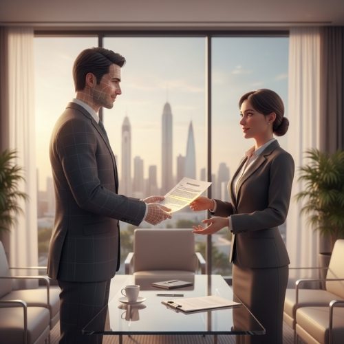 Business professional in UAE disclosing contract terms, symbolizing the mandatory duty of disclosure under the new UAE Civil Transactions Law 2025.
