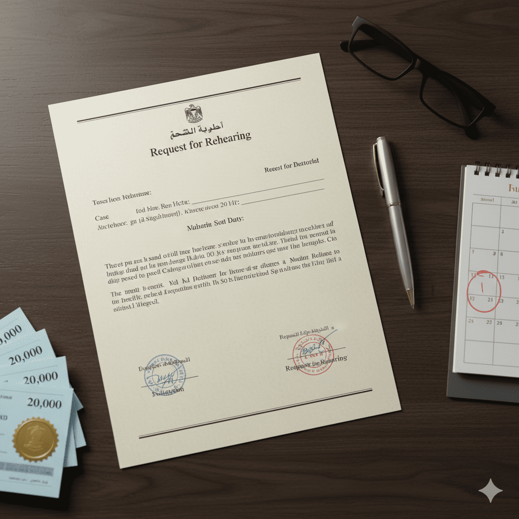Professional flat-lay showing the requirements for a UAE rehearing request: legal document, pen, calendar for the one-year deadline, and representation of the AED 20,000 security deposit.
