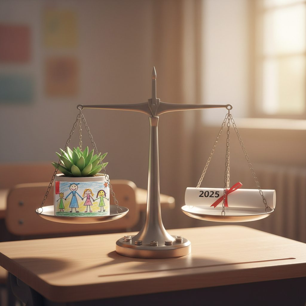 A symbolic scale of justice on a child's desk, representing the balance between law and emotional well-being under the UAE's new Child Visitation Law 2025