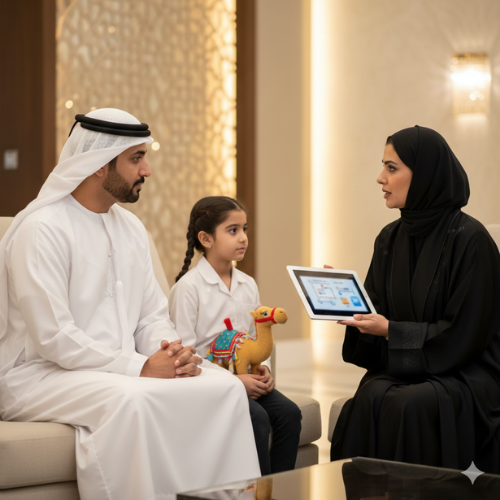 Emirati female lawyer consulting with a father and young daughter about child protection and bullying matters under UAE law in a modern Dubai office.