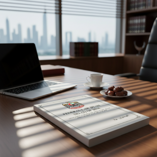 Official UAE Gazette showing Federal Law No. 3 of 2016 (Wadeema's Law) on a lawyer's desk in Dubai with laptop and Arabic coffee.