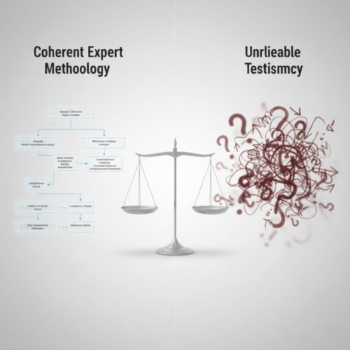 A split graphic comparing coherent, methodical expert evidence with unreliable, inconsistent testimony, as evaluated by the DIFC Courts.