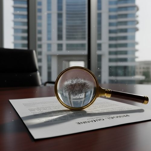 A magnifying glass over a signature on a personal guarantee document, symbolizing forensic examination in a DIFC Courts case.