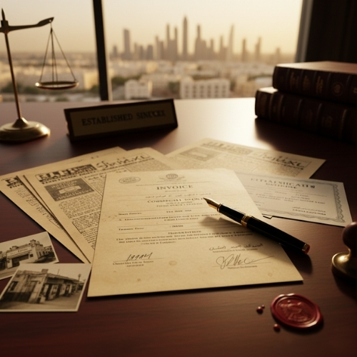 Flat lay photograph on a mahogany desk displaying documentary evidence for prior use trademark claims: aged commercial invoices, yellowed newspaper advertisements, vintage product catalogue, brass Established plaque, domain name certificate, and faded shopfront photographs. A fountain pen and small scale of justice complete the composition. Represents the evidence required to establish prior use rights in UAE trademark disputes following Federal Supreme Court Commercial Appeal 800/2025.