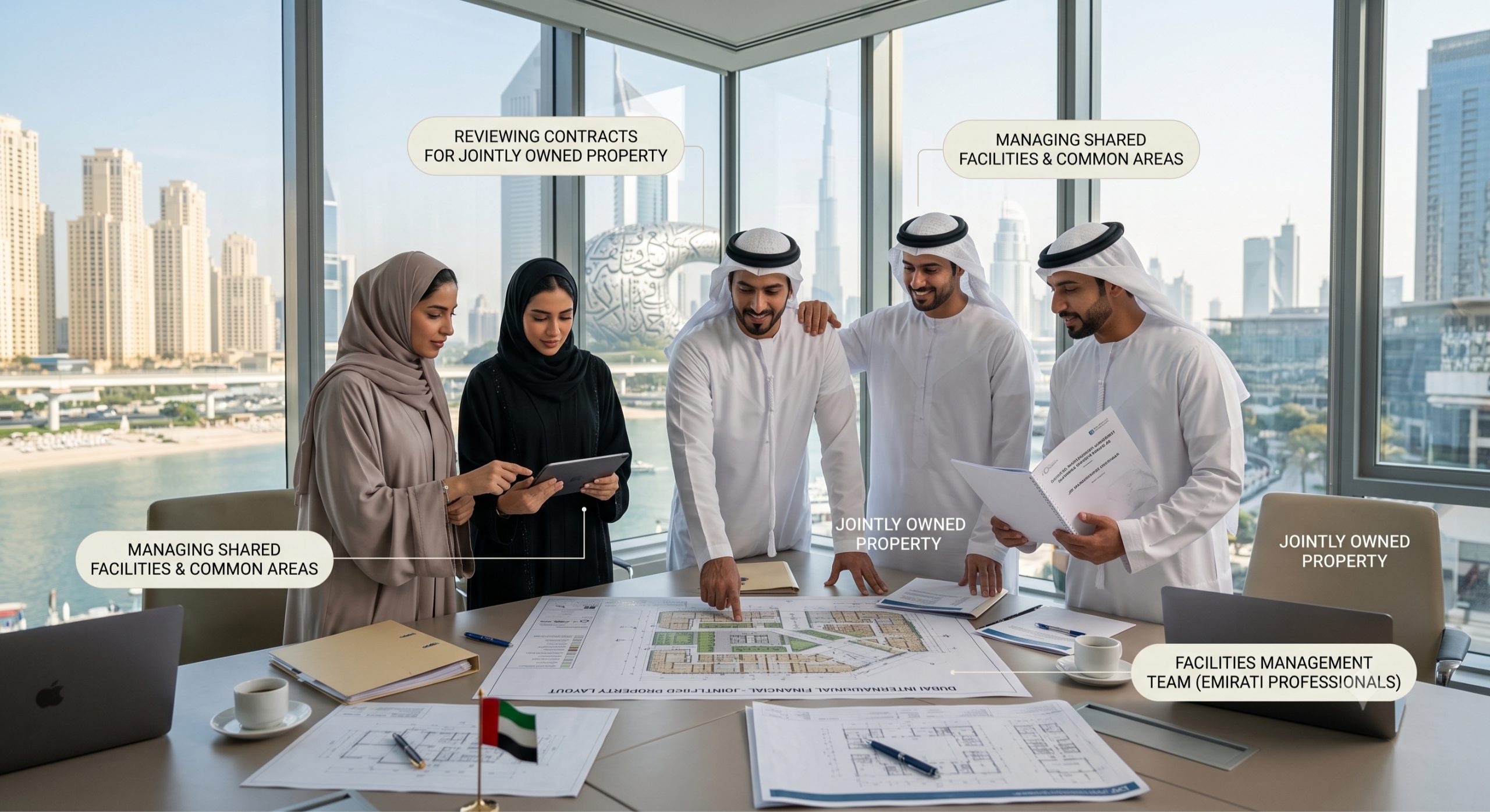 Visual representation of Dubai Law No. 6 of 2019 governing common property and facilities management agreements.