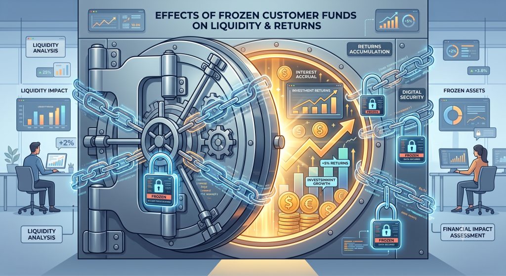 The effect of freezing customer funds on bank liquidity and returns. Image Title: Frozen Bank Account and Interest Returns