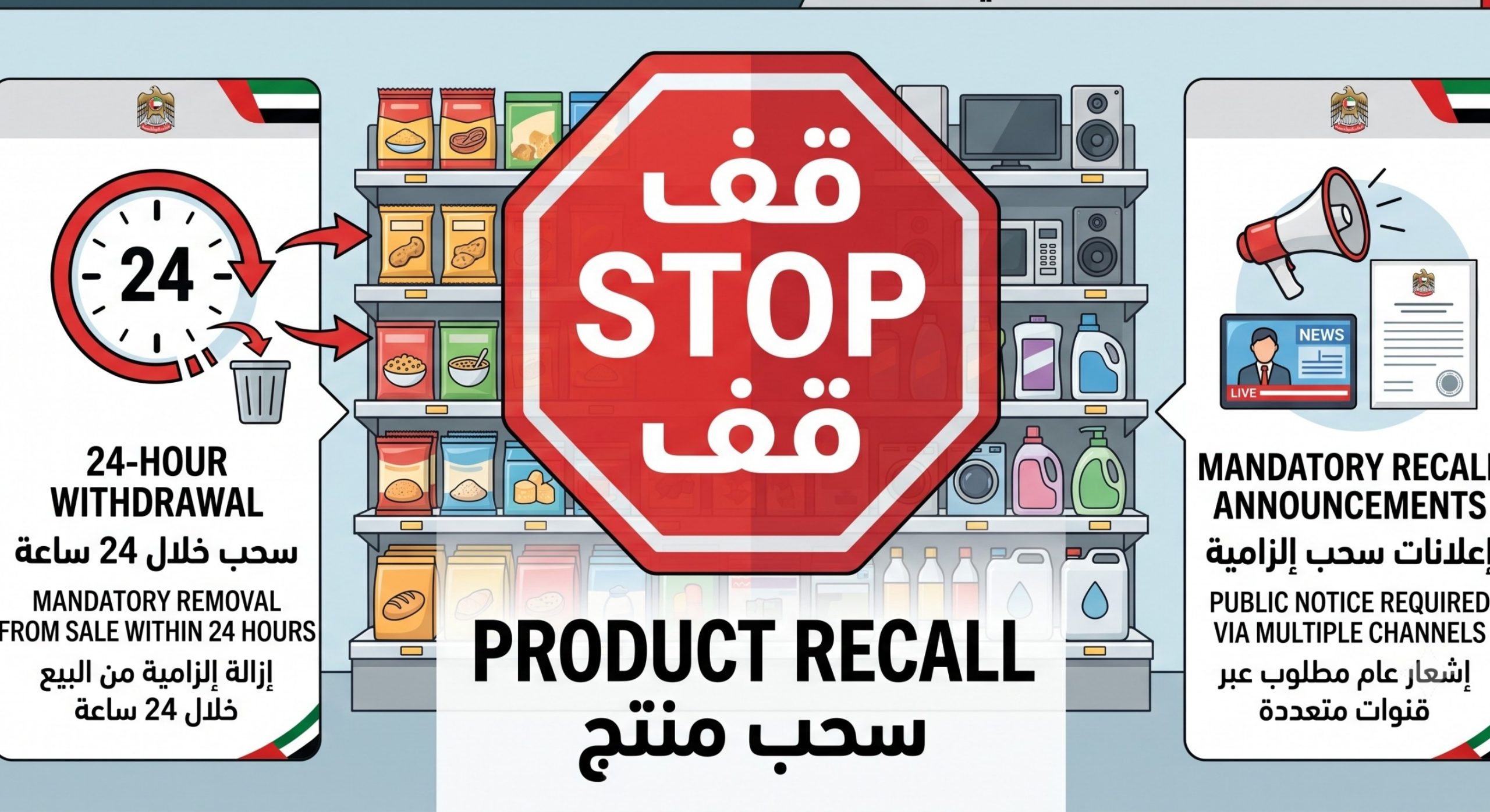 Mandatory product recall announcement process for counterfeit goods under UAE Cabinet Decision No. 107 of 2026.
