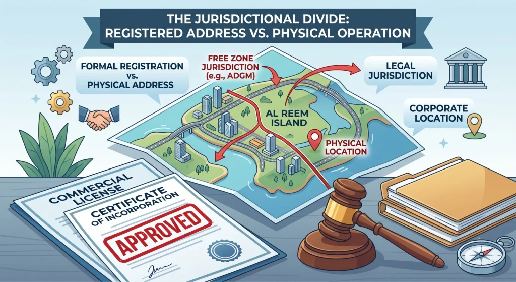 Physical presence within Al Reem Island cannot substitute for formal registration under the ADGM legal regime for jurisdictional purposes.